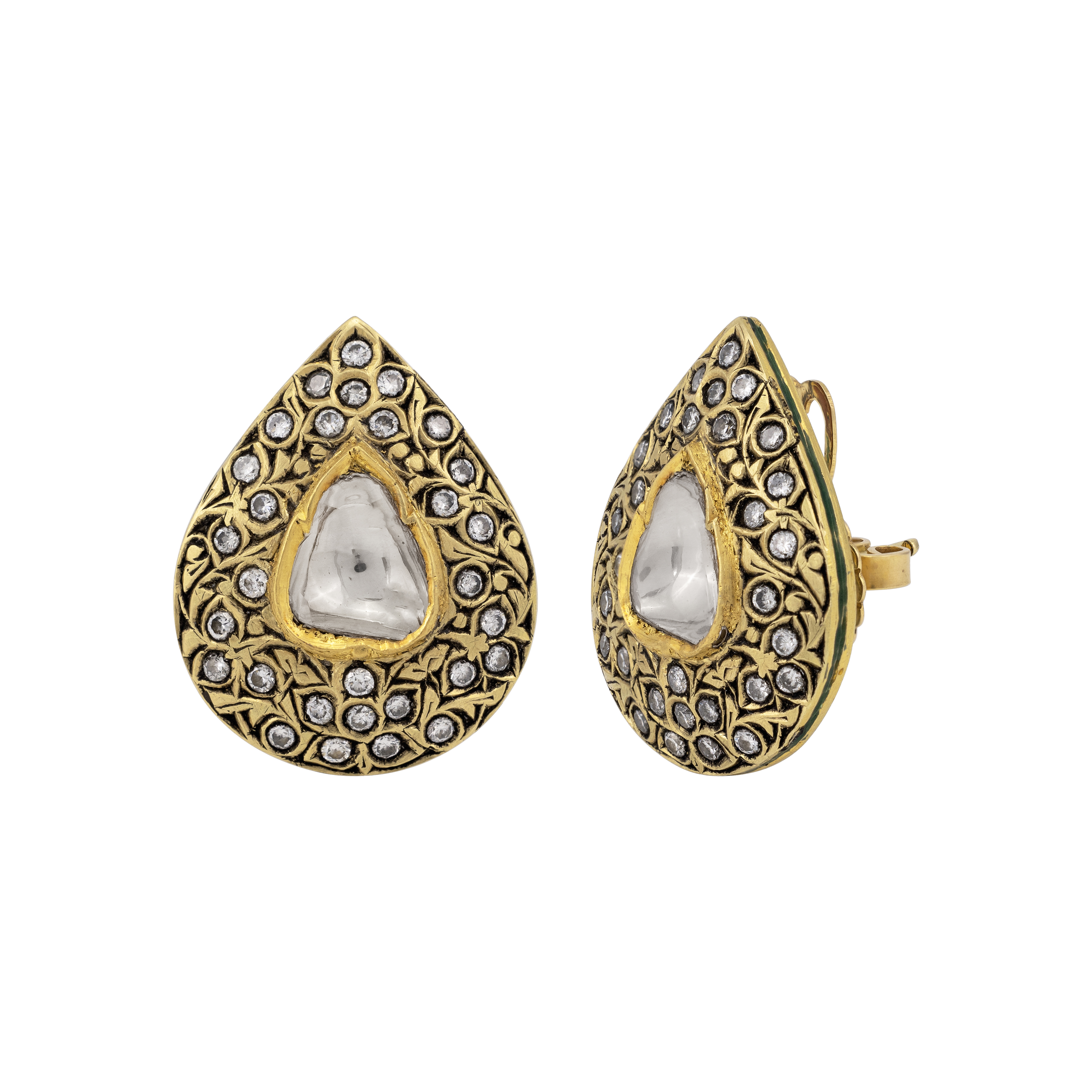 Teardrop Polki Studs with Partash Gold Detailing